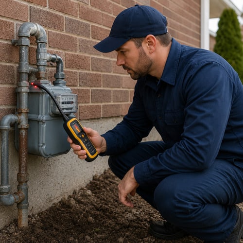 plumber inspecting a gas line with specialized equipment