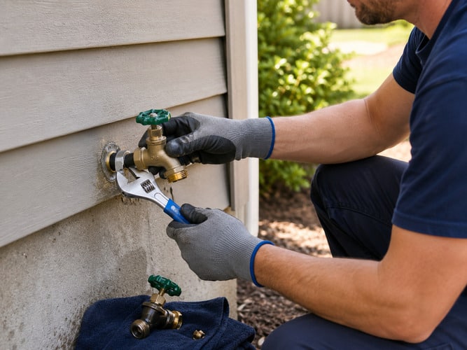 plumber replacing a hose bib