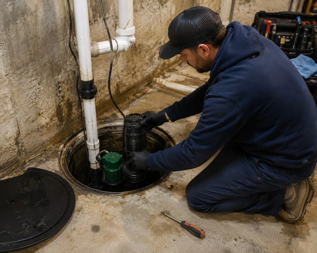 plumber working on a sump pump
