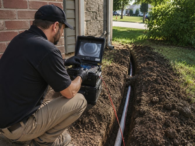 plumber using a video camera machine to examine pipes