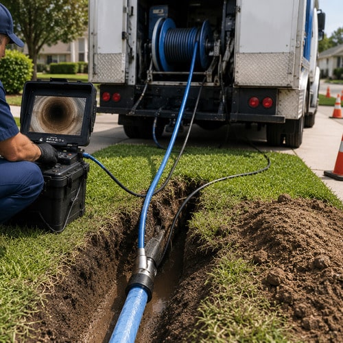 plumber providing trenchless water line repairs